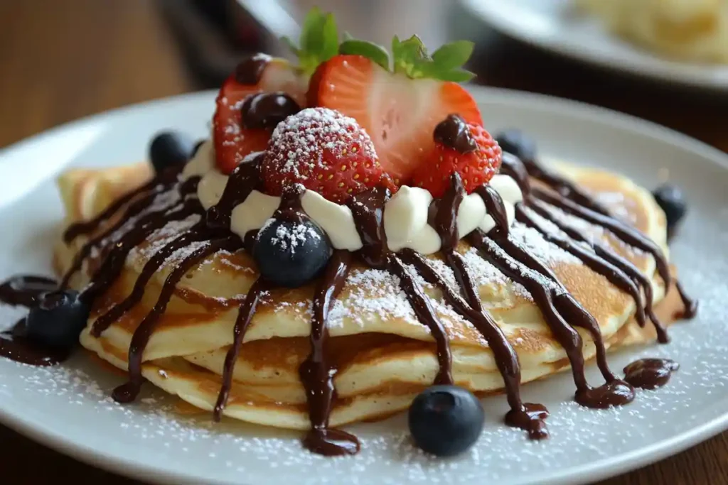 A stack of sweet sourdough discard crepes topped with fresh strawberries, blueberries, whipped cream, and a drizzle of chocolate sauce.