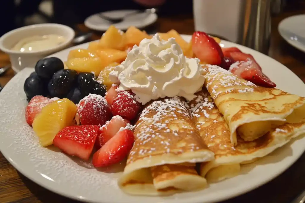 A plate of golden sourdough discard crepes topped with whipped cream, powdered sugar, and a colorful assortment of fresh fruit.