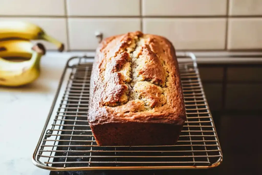  A golden-brown banana bread loaf cooling on a rack with ripe bananas in the background.