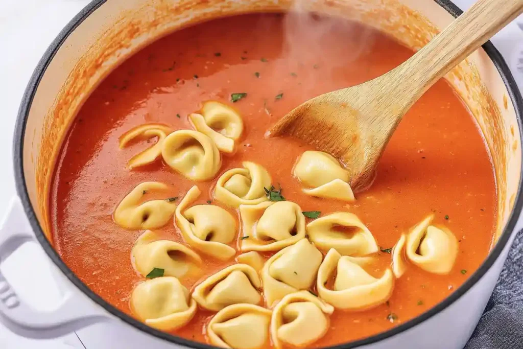 Cheese tortellini simmering in a rich, creamy tomato broth inside a white pot, with steam rising and a wooden spoon stirring gently