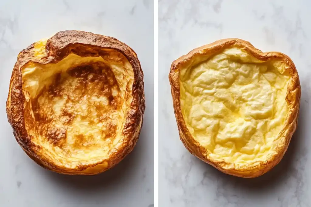 Comparison of perfectly puffed and flat sourdough Dutch baby pancakes.