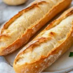 Two freshly baked sourdough discard French bread loaves resting on a plate with parsley garnish.