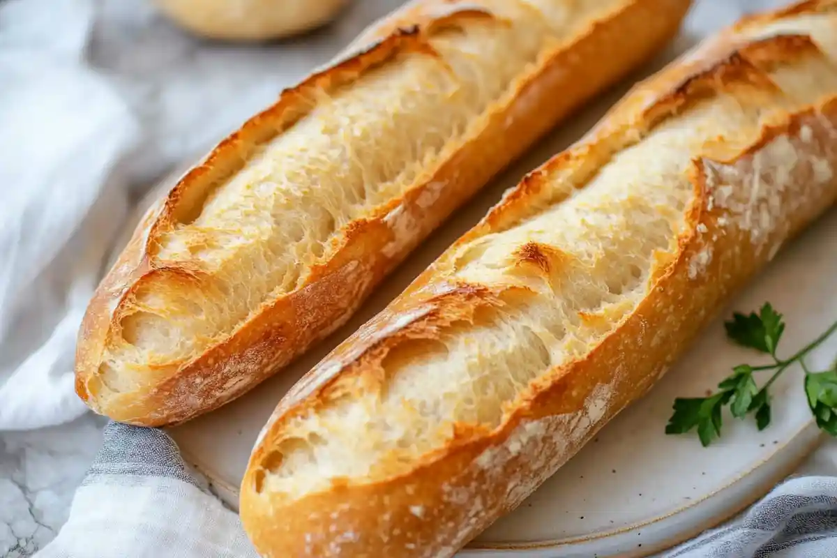 Two freshly baked sourdough discard French bread loaves resting on a plate with parsley garnish.