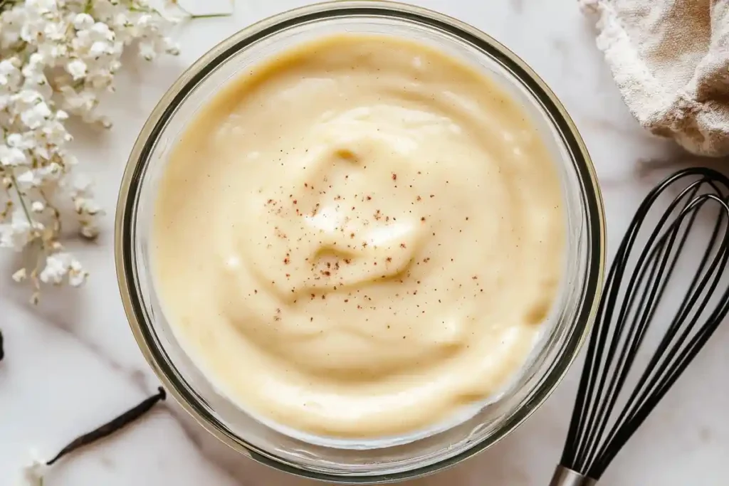 A creamy vanilla pastry cream in a glass bowl, topped with a light sprinkle of vanilla specks.