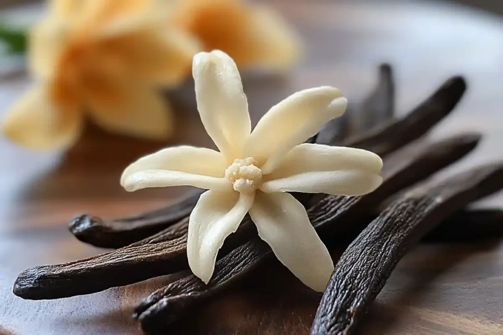 A delicate vanilla flower resting on dark, textured vanilla beans placed on a rustic wooden surface.