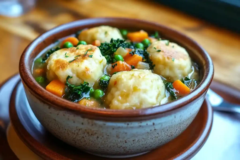 A bowl of vegetarian stew topped with  dumplings, filled with peas, carrots, and kale.