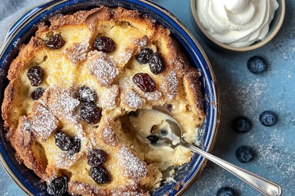 A slice of sourdough bread pudding in a blue dish, dusted with powdered sugar and topped with raisins, with cream on the side.