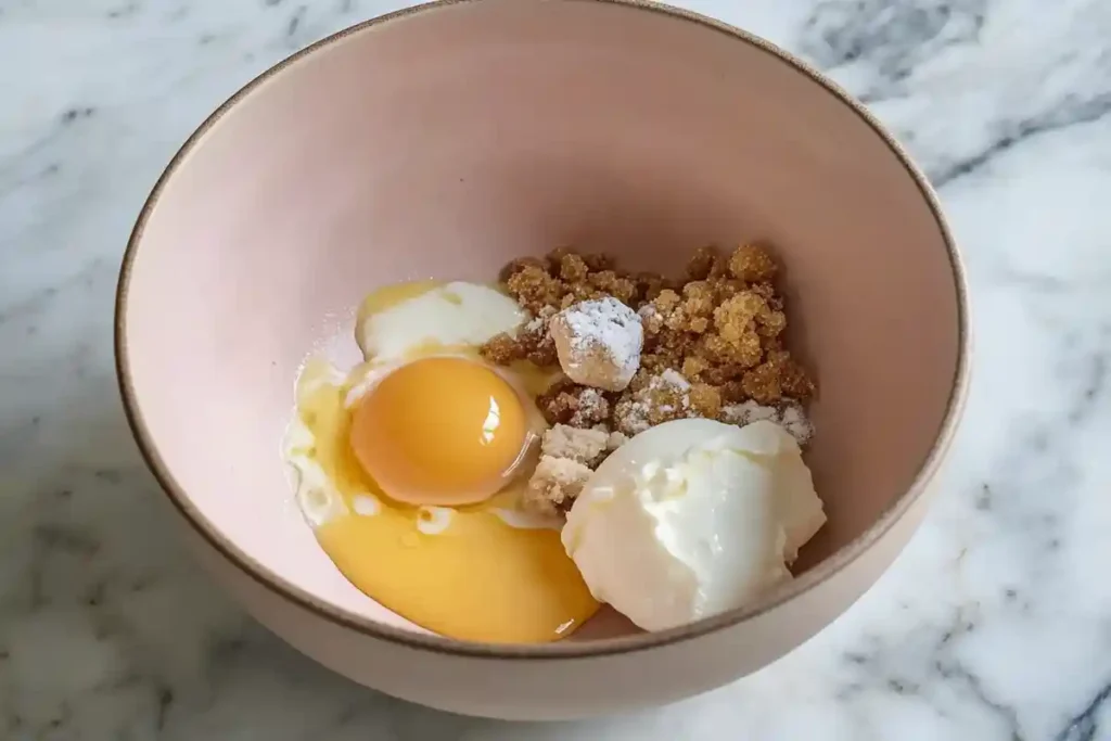 A bowl with eggs, sugar, butter, and sourdough starter, ready to be mixed for  nut bread.