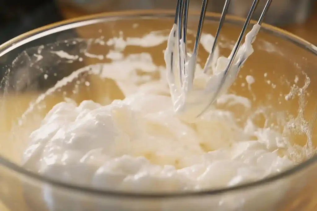 A glass bowl with whipped egg whites at stiff peaks, with a whisk showing the glossy, airy texture.