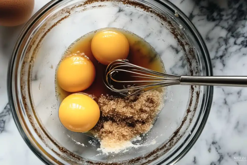 A glass bowl with eggs, brown sugar, and vanilla being whisked together for French toast batter preparation.