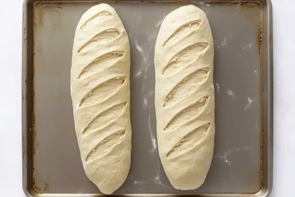 Two shaped and scored sourdough discard dough loaves on a baking tray.