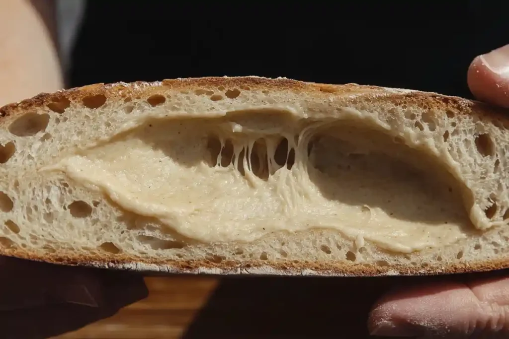 A sourdough bread slice with a dense, gummy crumb and stretched gluten strands, showing the effects of underproofing.