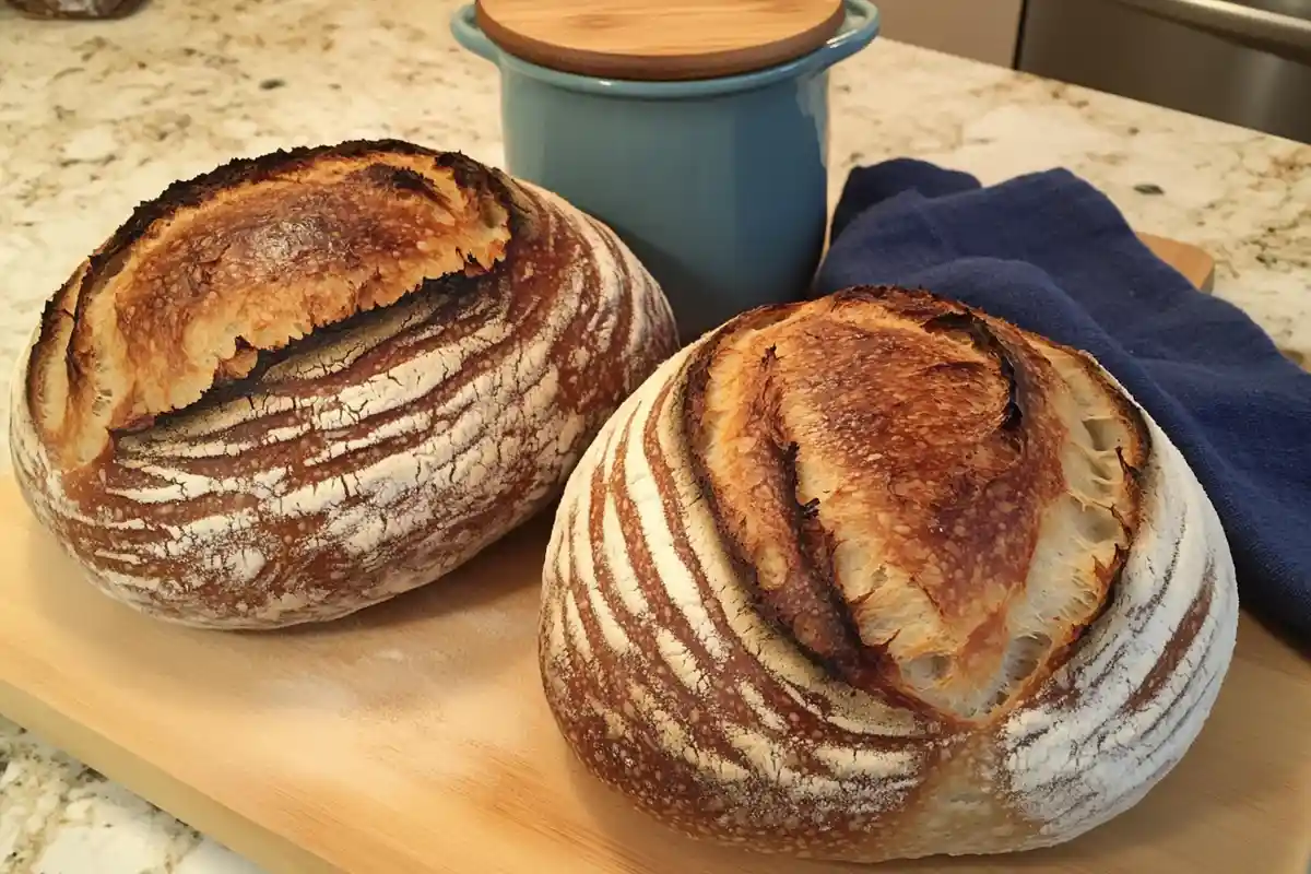 Two artisan sourdough bread loaves with golden crusts and decorative scoring, placed next to a blue ceramic jar and cloth on a kitchen counter.