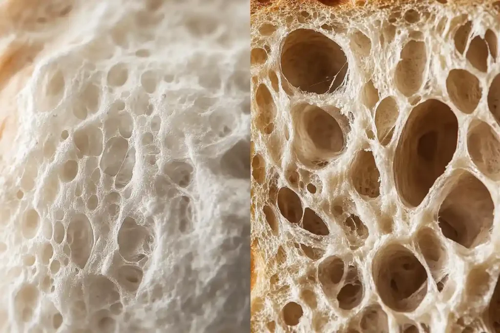 Side-by-side close-up images comparing the crumb structure of regular bread and sourdough bread to highlight differences in texture.