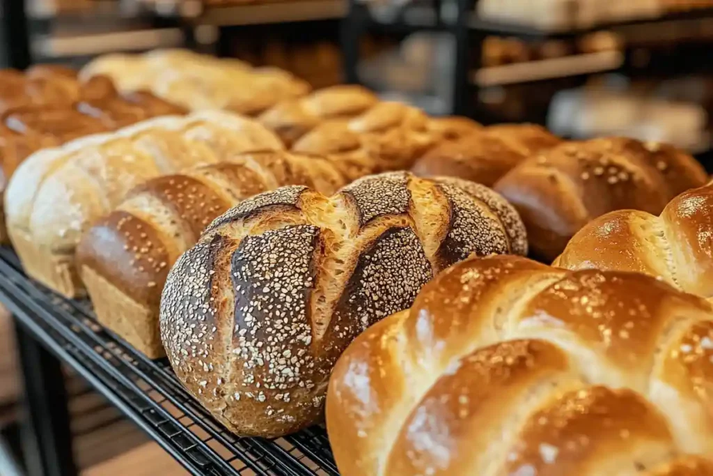 A bakery rack filled with freshly baked loaves of bread, including seeded, braided, and classic varieties, under warm lighting.