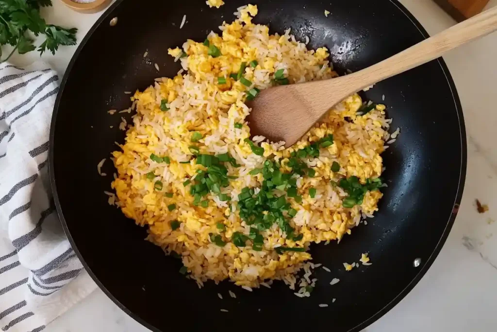 A wok filled with golden egg fried rice garnished with fresh spring onions, ready for the final stir.