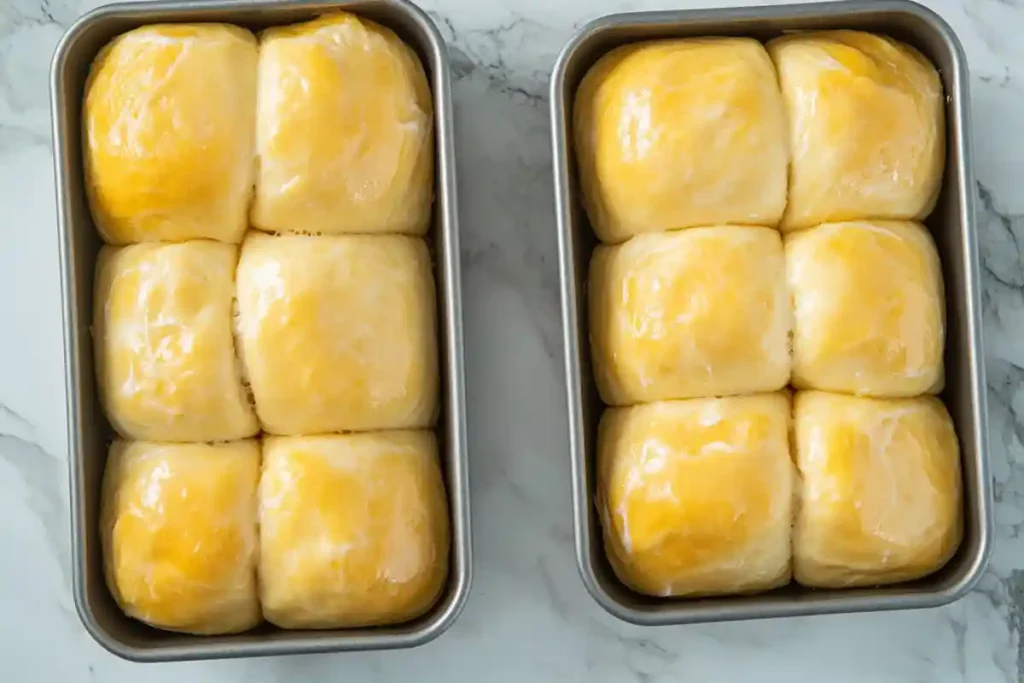 Freshly proofed sourdough brioche rolls with a glossy egg wash, arranged in two loaf pans on a marble countertop.