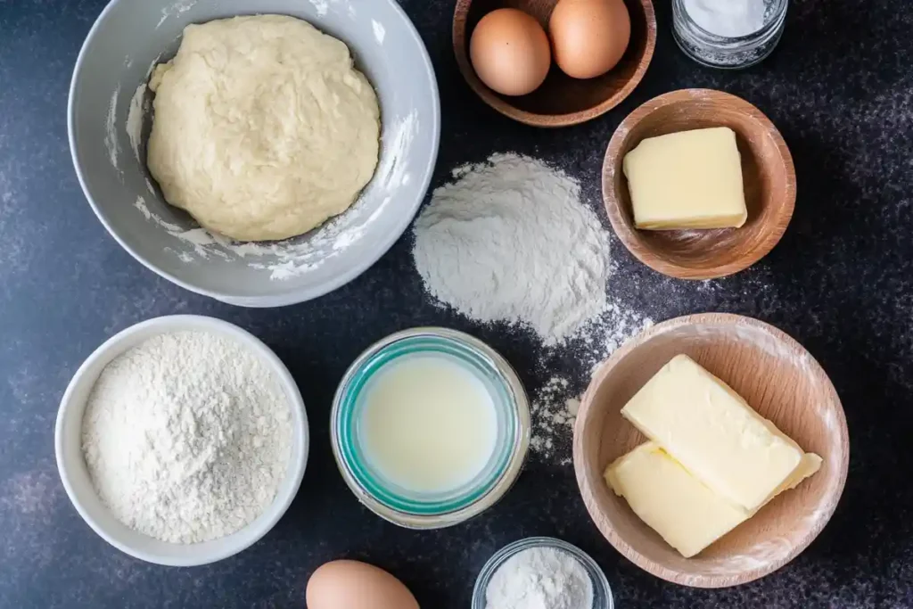 A top-down view of ingredients for making sourdough brioche, including flour, butter, eggs, milk, sugar, salt, and an active sourdough starter on a dark countertop.