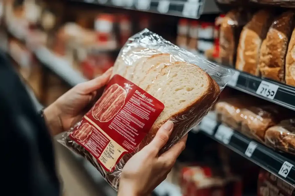 Is sourdough bread gluten-free: Close-up of a person holding a packaged loaf of gluten-free bread with visible labels in a supermarket aisle.