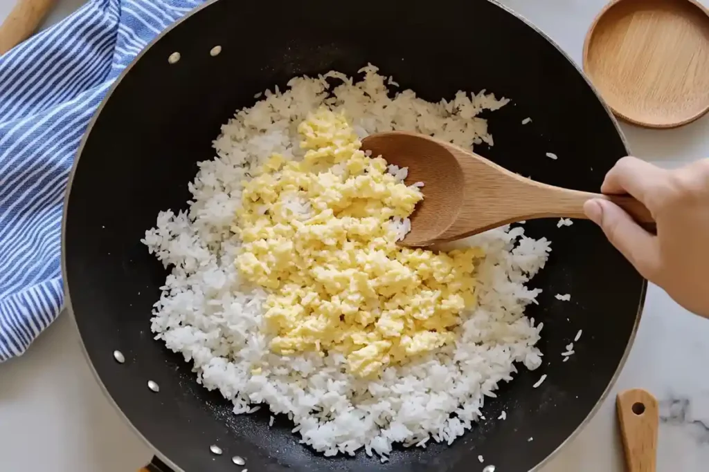  A close-up of a wok with cooked rice and scrambled eggs being mixed using a wooden spoon.