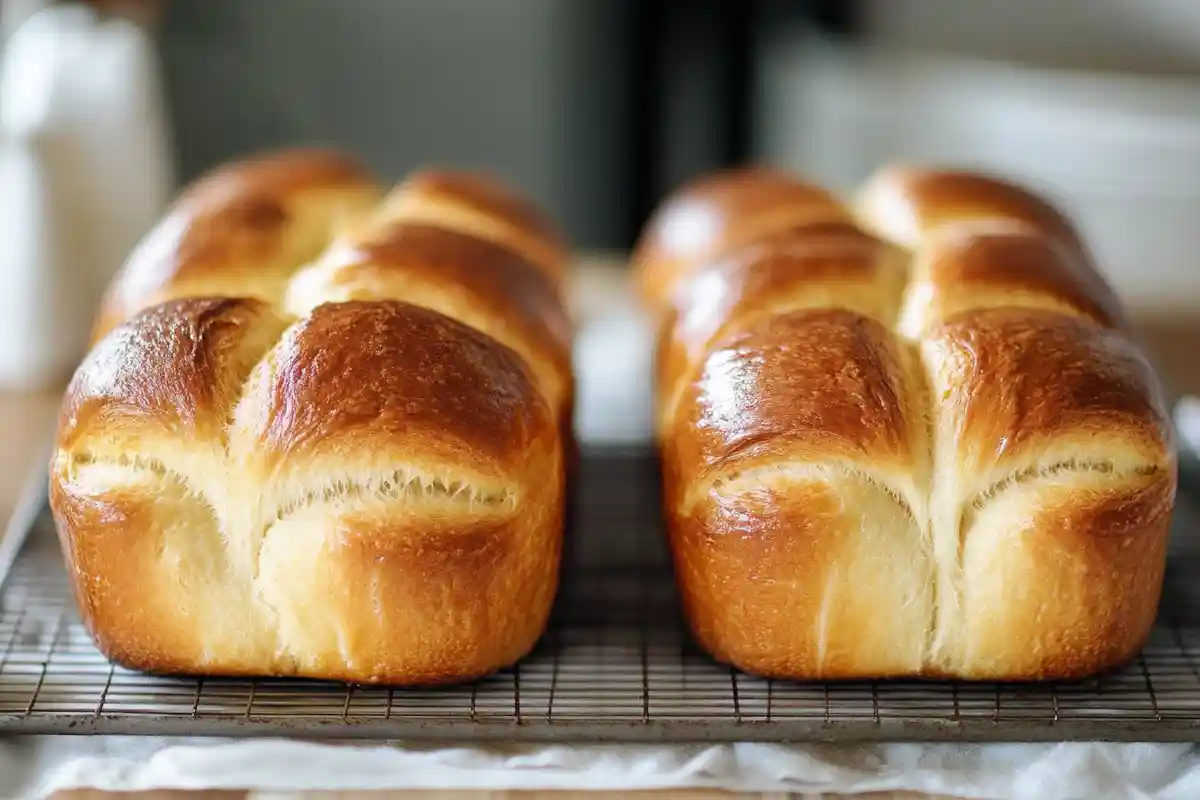 Two beautifully golden-brown sourdough brioche loaves cooling on a wire rack, with a rich, shiny crust and soft, fluffy texture.