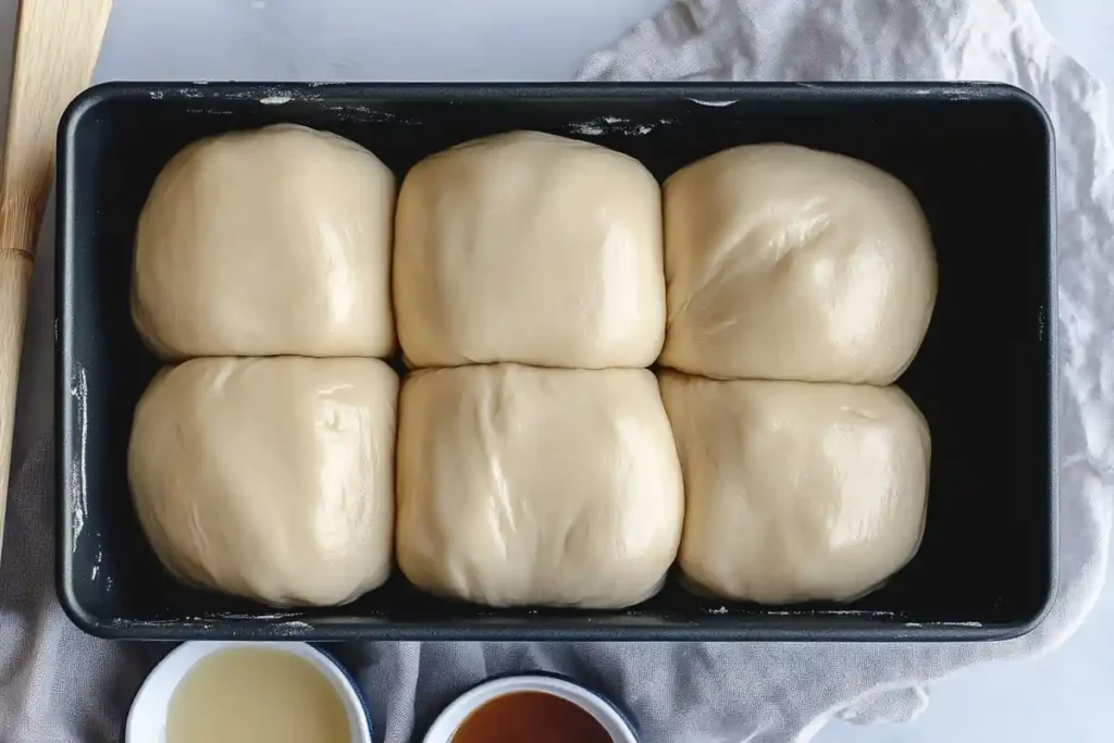 A loaf pan filled with perfectly proofed sourdough brioche dough, ready for baking, with smooth and pillowy dough balls arranged neatly.