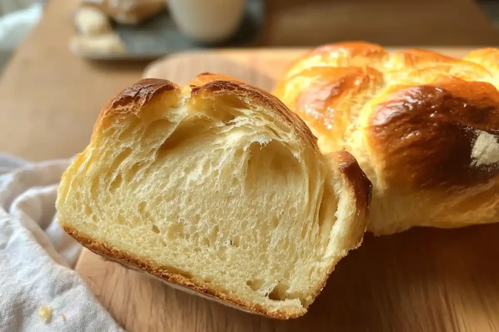 A close-up of a sliced sourdough brioche loaf, revealing its airy and buttery texture, with a golden crust in warm natural lighting.