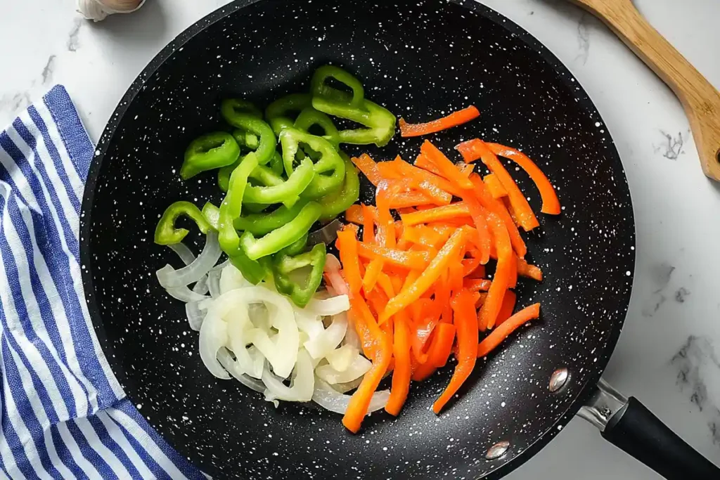 A frying pan with sliced green bell peppers, carrots, and onions, ready to be stir-fried for Anjappar Egg Fried Rice.