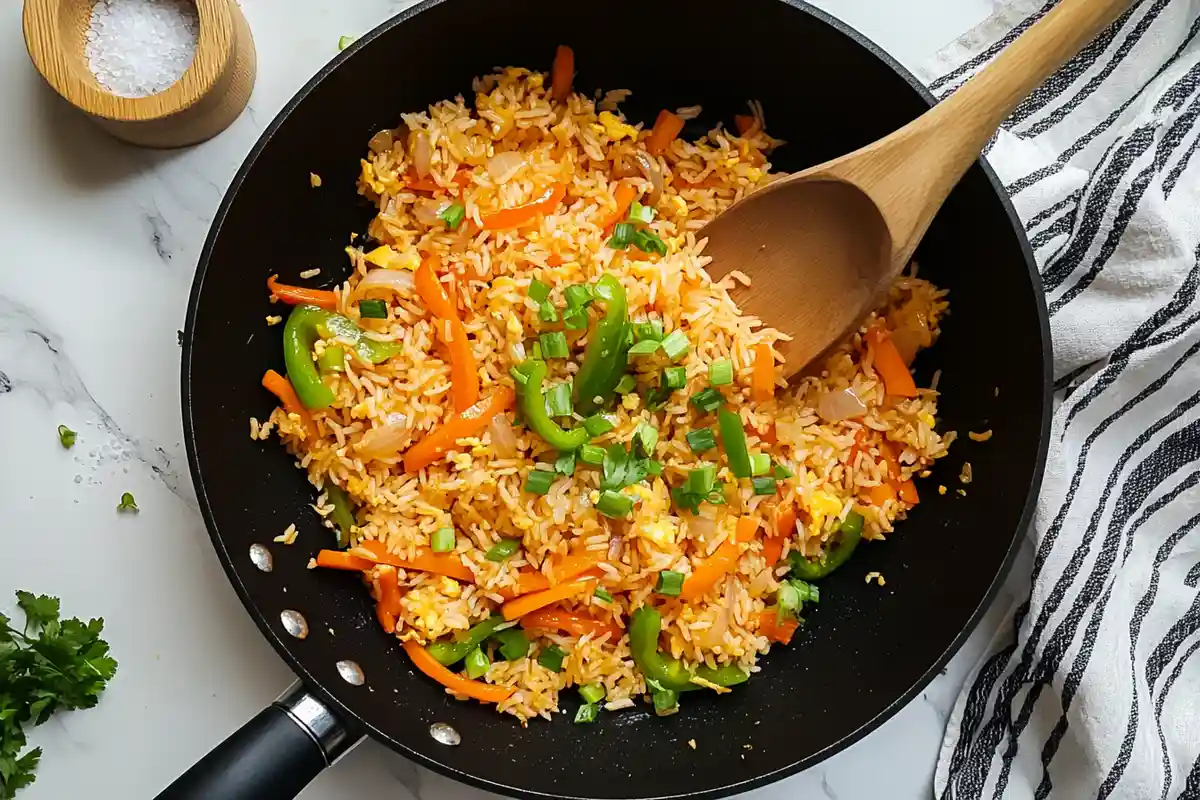 A vibrant wok filled with Anjappar Egg Fried Rice, garnished with spring onions and loaded with colorful carrots and bell peppers