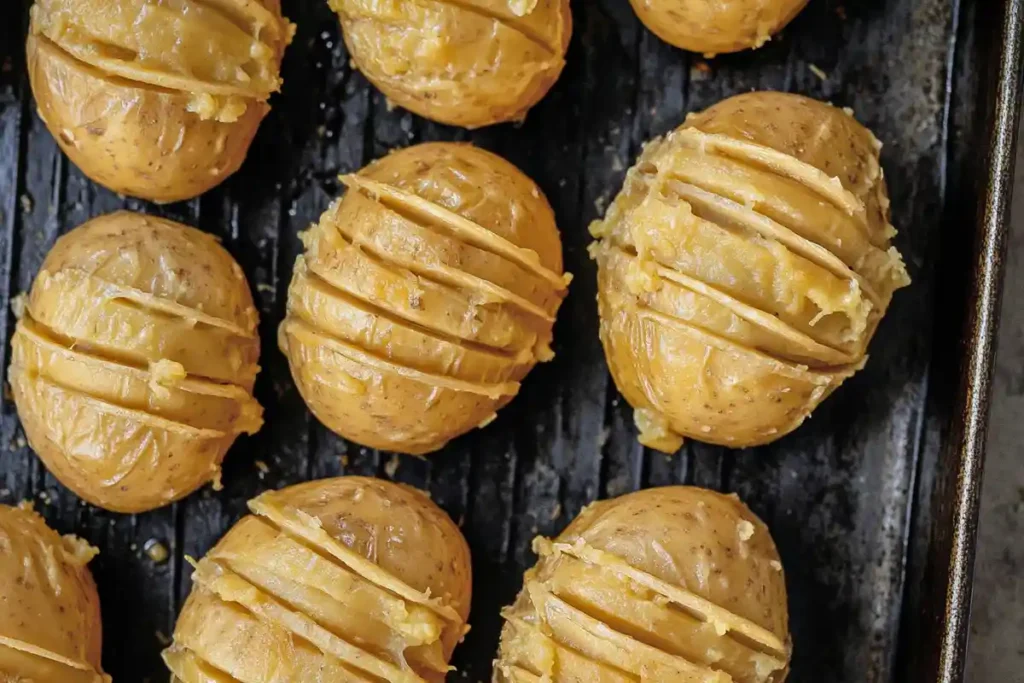 Cheesy Hasselback Potatoes on a Rustic Baking Sheet