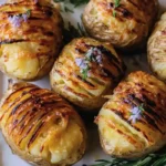 Golden-brown hasselback Easter Baked Potato with melted cheese, garnished with fresh rosemary and edible flowers, served on a white plate.