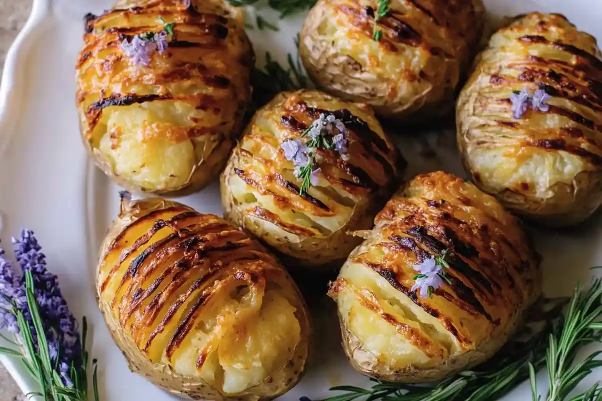 Golden-brown hasselback Easter Baked Potato with melted cheese, garnished with fresh rosemary and edible flowers, served on a white plate.