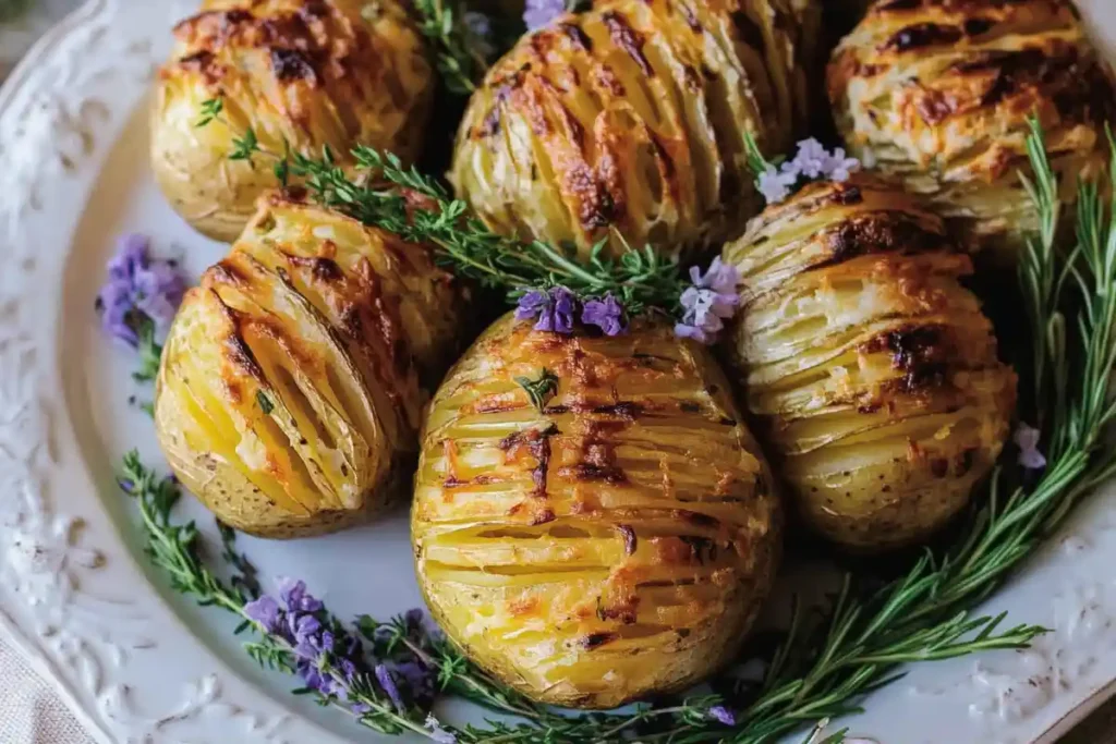 Crispy, cheesy hasselback Easter Baked Potato, beautifully plated with fresh rosemary and purple flowers, ready to be served.